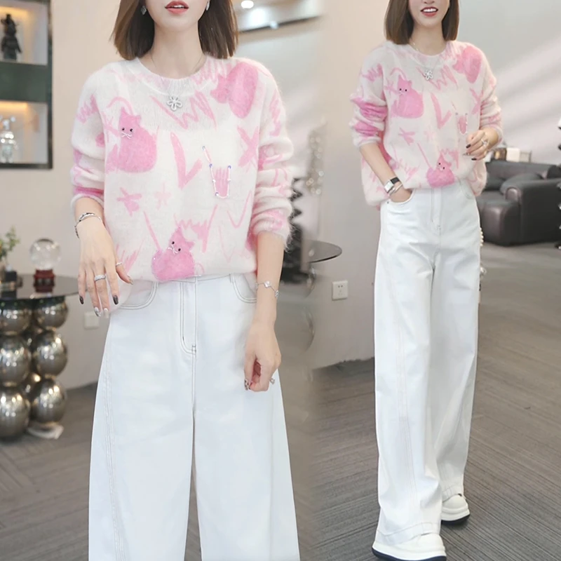 潮流通勤时尚套装女2025早秋新款休闲洋气设计感毛衣牛仔裤两件套