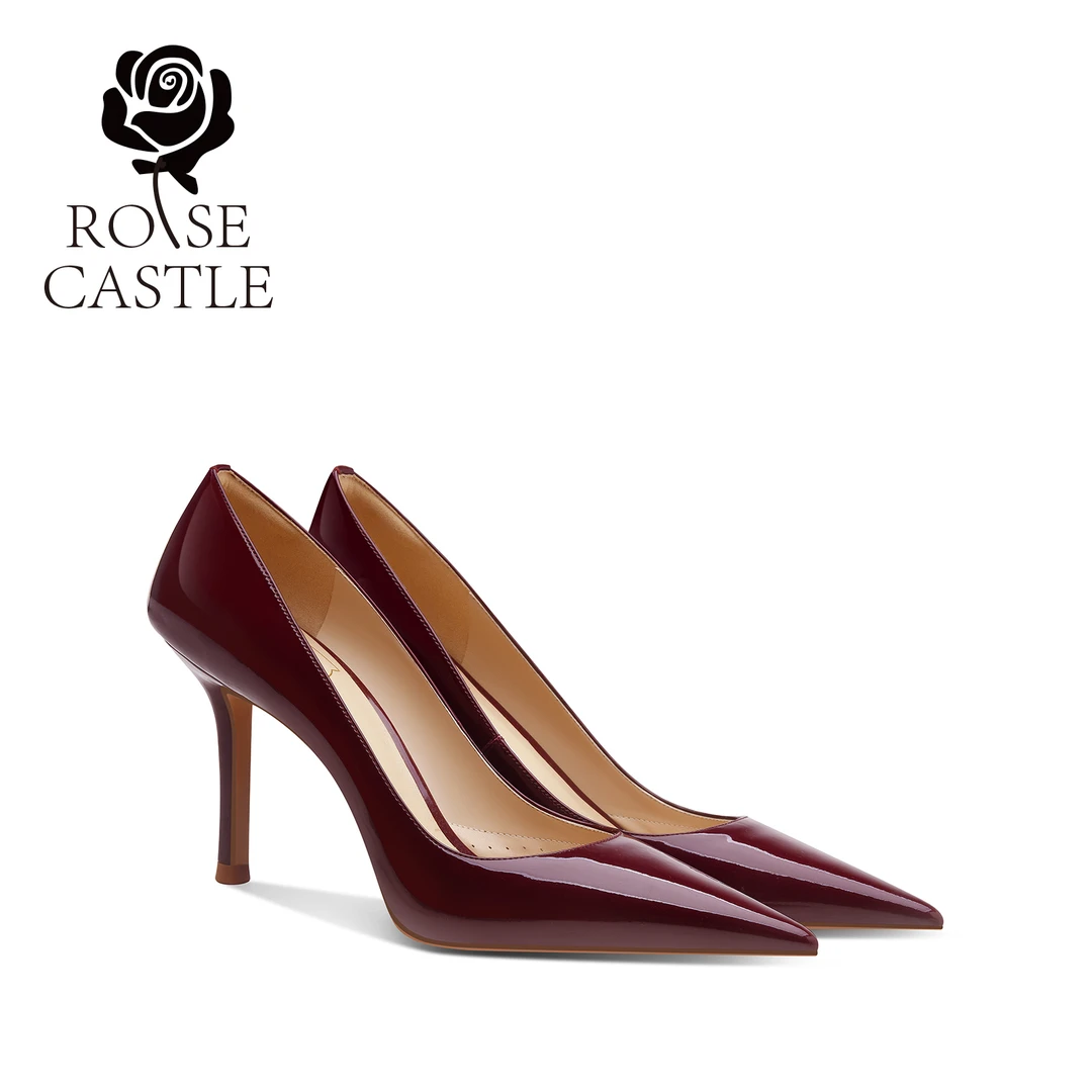 酒红色漆皮高跟鞋高级感轻职场风女鞋细跟浅口单鞋新款简约气质