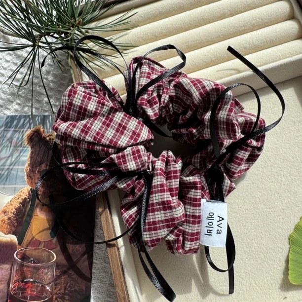 韩国ava家秋冬款红色格子大肠圈百搭