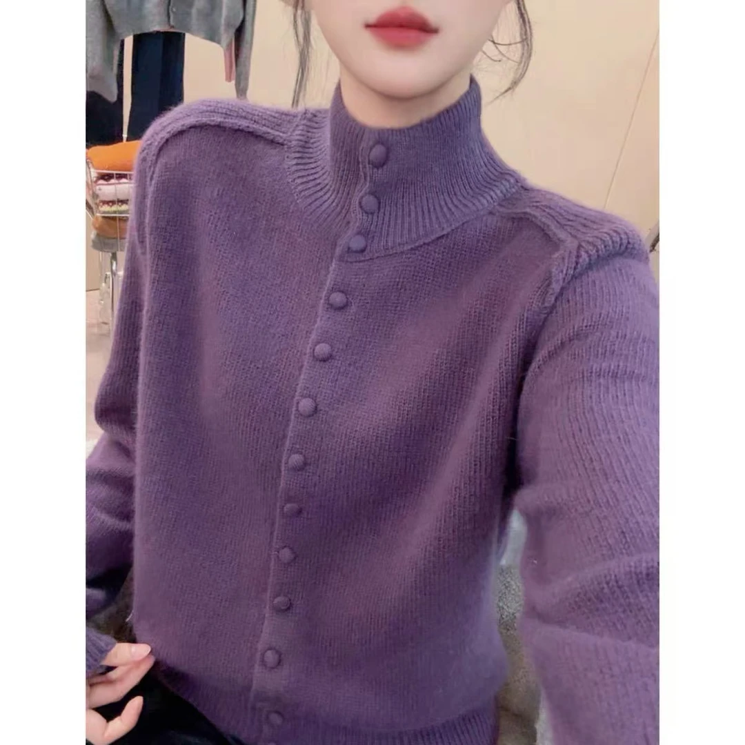 韩系软糯简约单排扣针织开衫紫色百搭显瘦毛衣