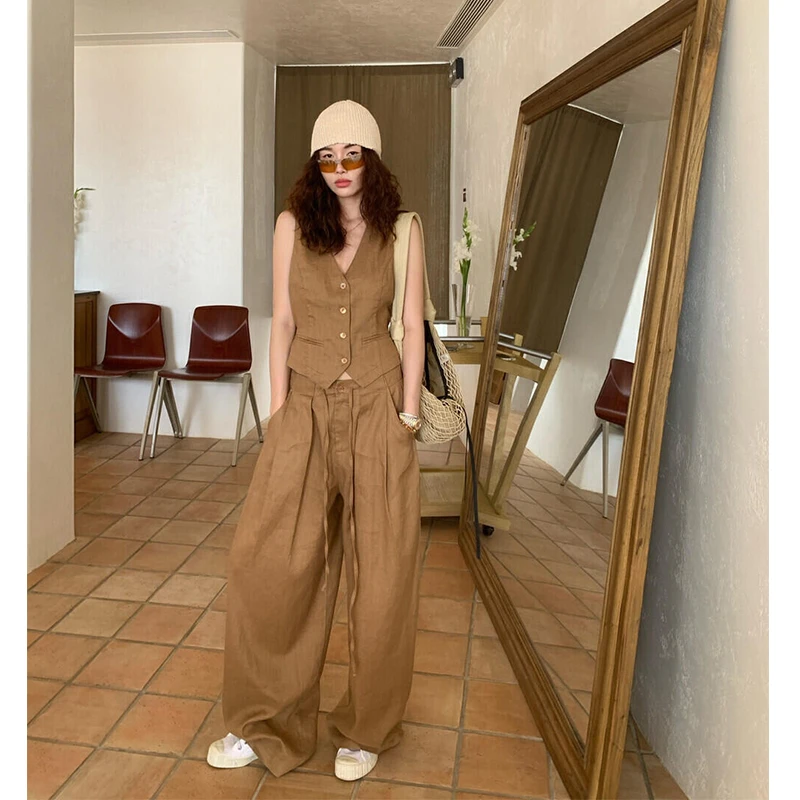 【镇店亚麻】焦糖般的高级棕！老钱风复古显瘦无袖西装马甲套装裤