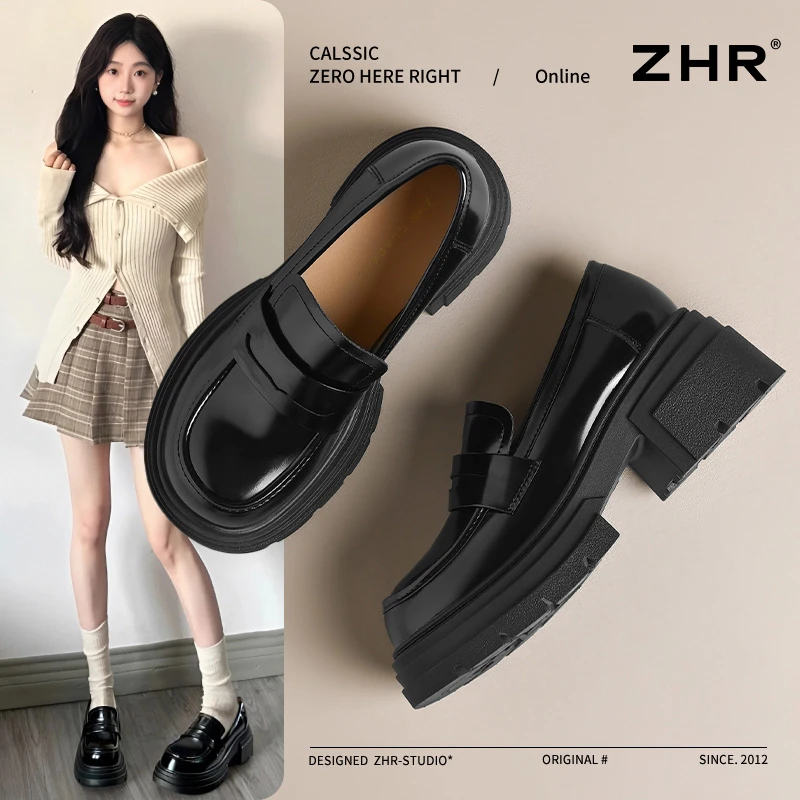 ZHR/则则乐福鞋女2025春季新款黑厚底英伦小皮鞋百搭一脚蹬单鞋Z