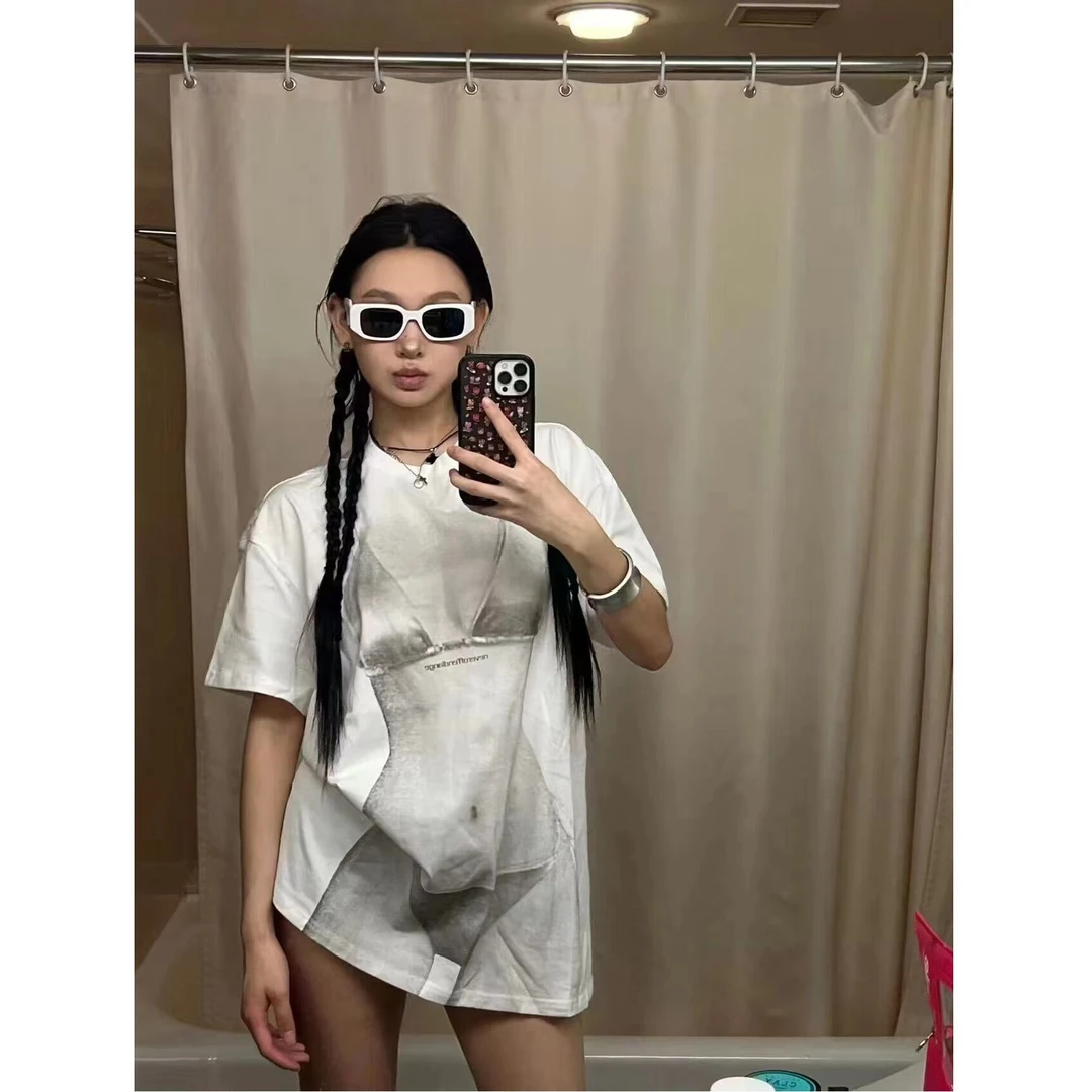 潮流嘻哈透视印花短袖t恤女夏季宽松下半身失踪上衣美式辣妹显瘦