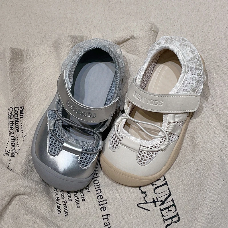 左左家夏季新款小女孩蕾丝边一字带公主鞋儿童户外透气百搭运动鞋
