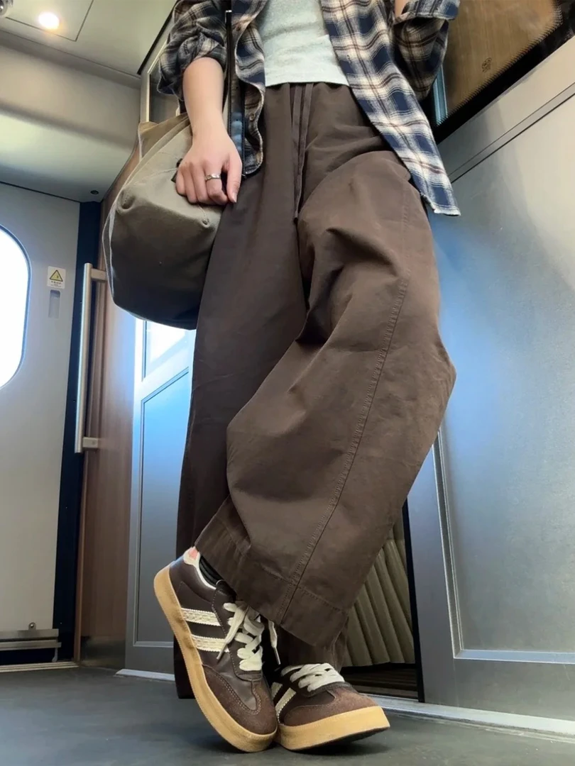 美拉德咖色弯刀气球裤女秋冬新款大码胖mm宽松显瘦休闲九分阔腿裤
