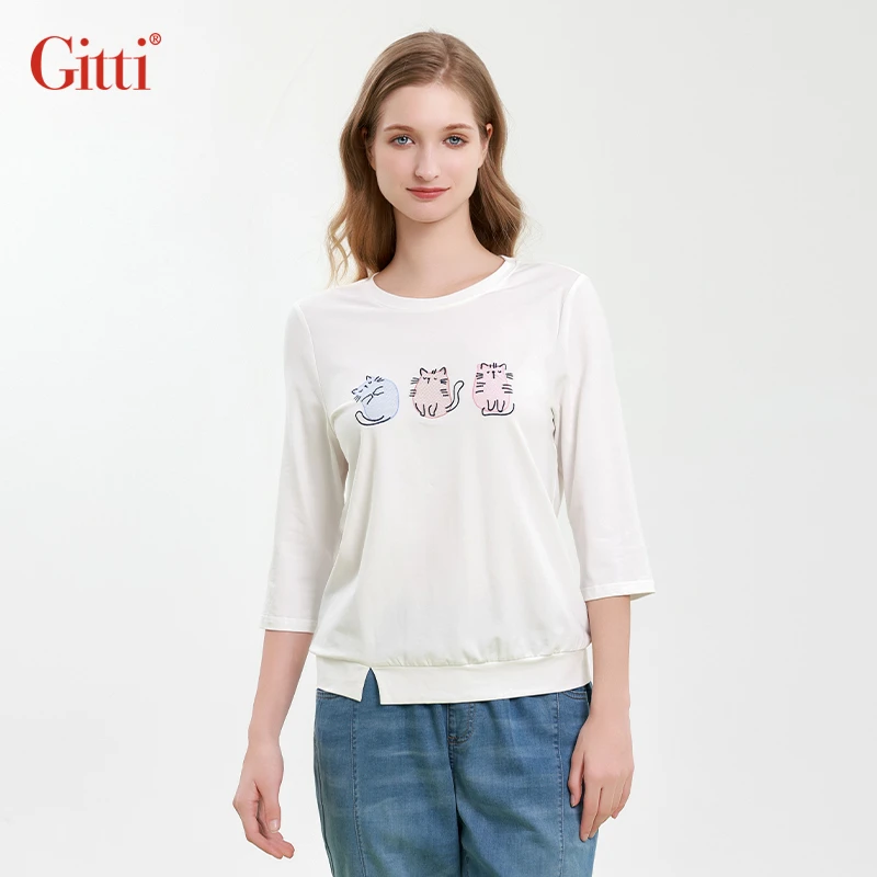 Gitti/吉蒂2025春夏新款猫咪印花七分袖棉质大码T恤女G251121