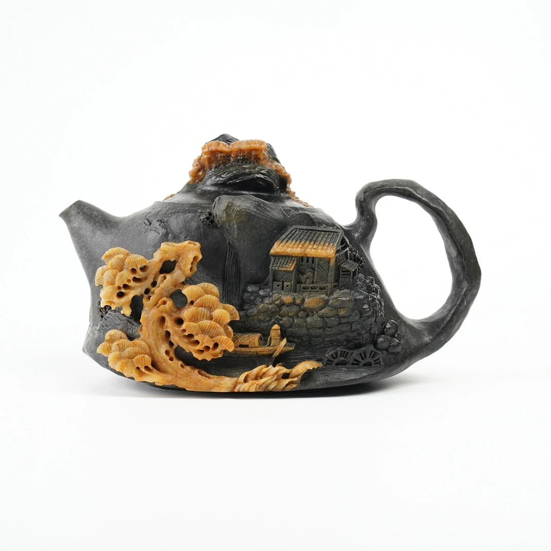 【岸芷松风】冰碛岩晶体巧雕山水壶纯手工手凿泡茶壶高端手工茶壶
