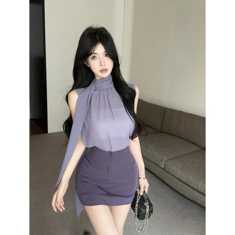 名媛紫色飘带雪纺挂脖吊带背心女早夏独特绝美无袖上衣高级感套装