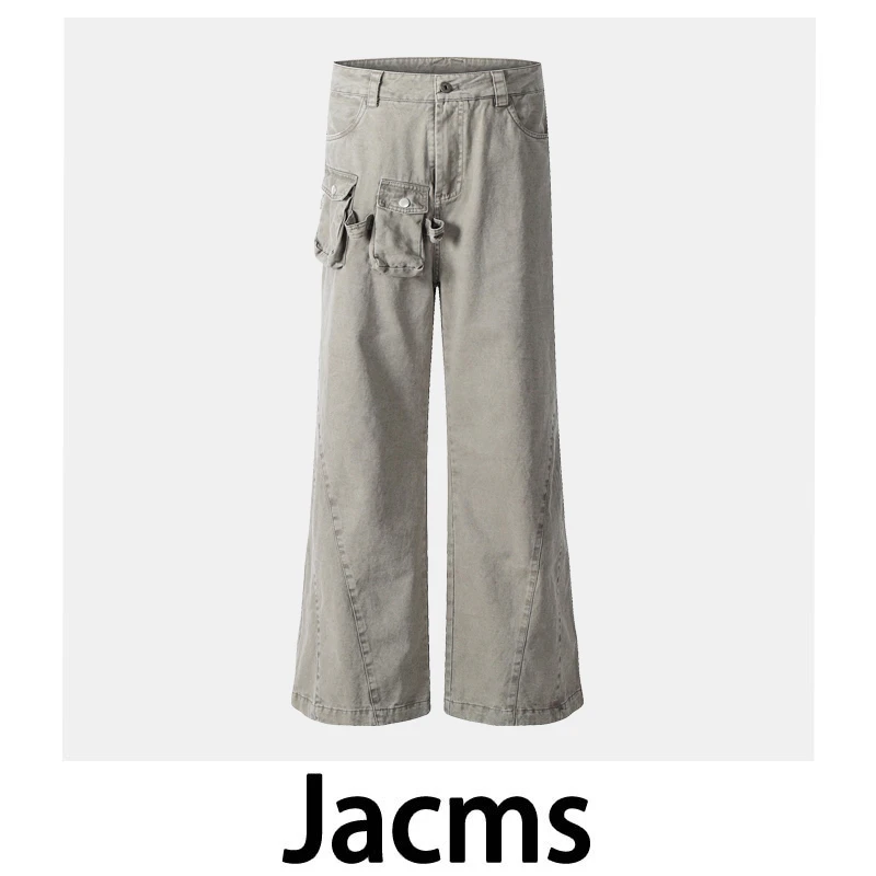 JACMS/美式复古子弹夹挎包设计水洗工装裤男做旧宽松阔腿伞兵长裤