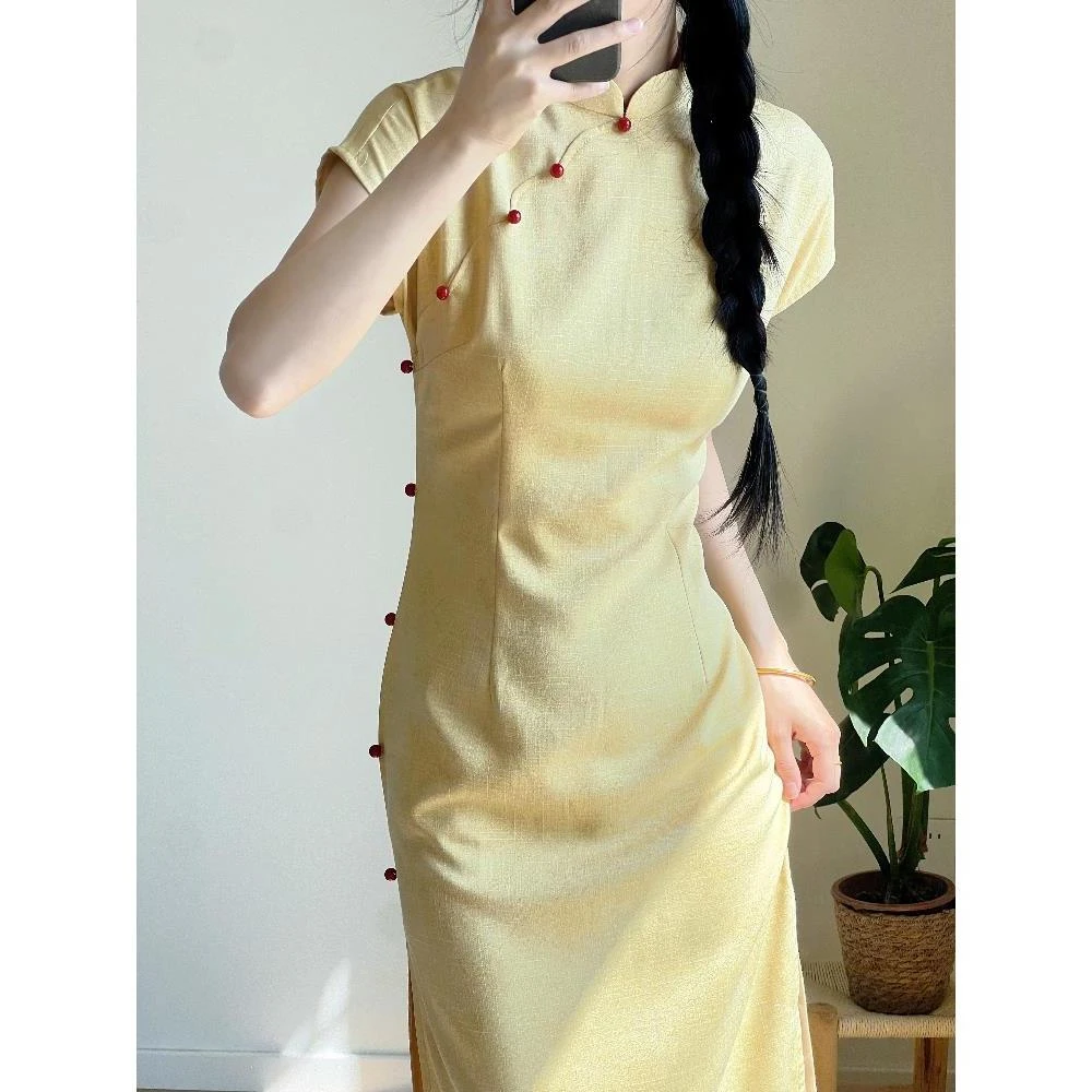 新款夏季黄色旗袍小个子改良新中式年轻款淑女范日常复古显瘦气质