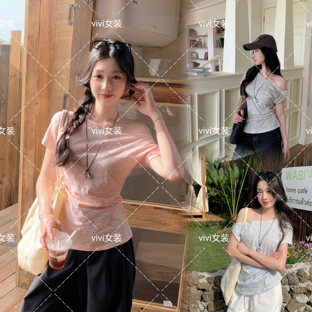 精棉辣妹斜肩设计感短袖T恤女夏季百搭修身显瘦露肩条纹上衣