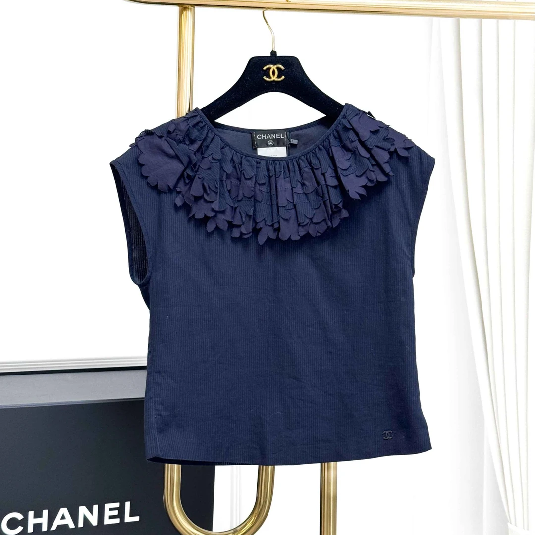 99新 Chanel/香奈儿 34码 深蓝色 花朵边 上衣