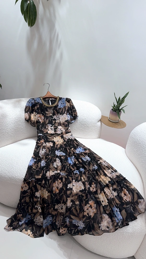 【25122】真丝连衣裙女夏季2025桑蚕丝新款印花显瘦长裙