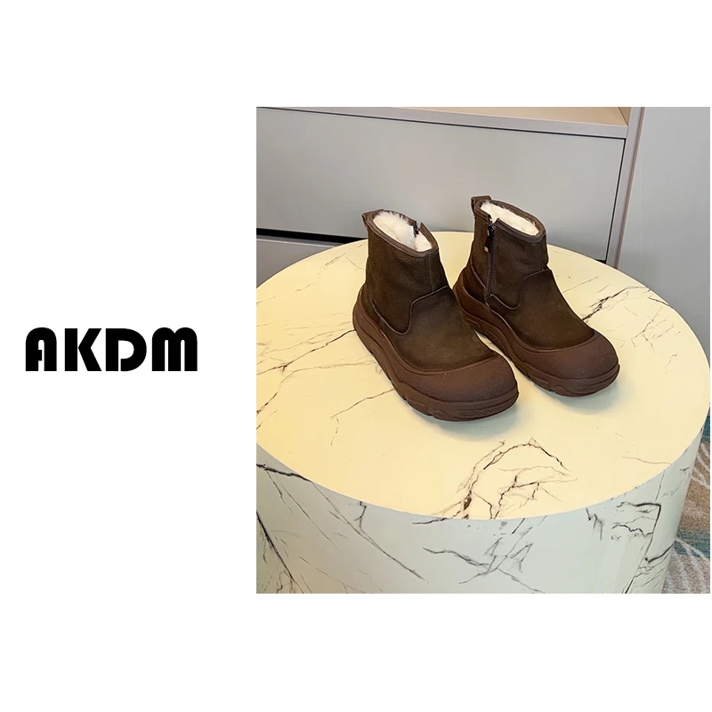 AKDM羊毛女牛皮短靴保暖