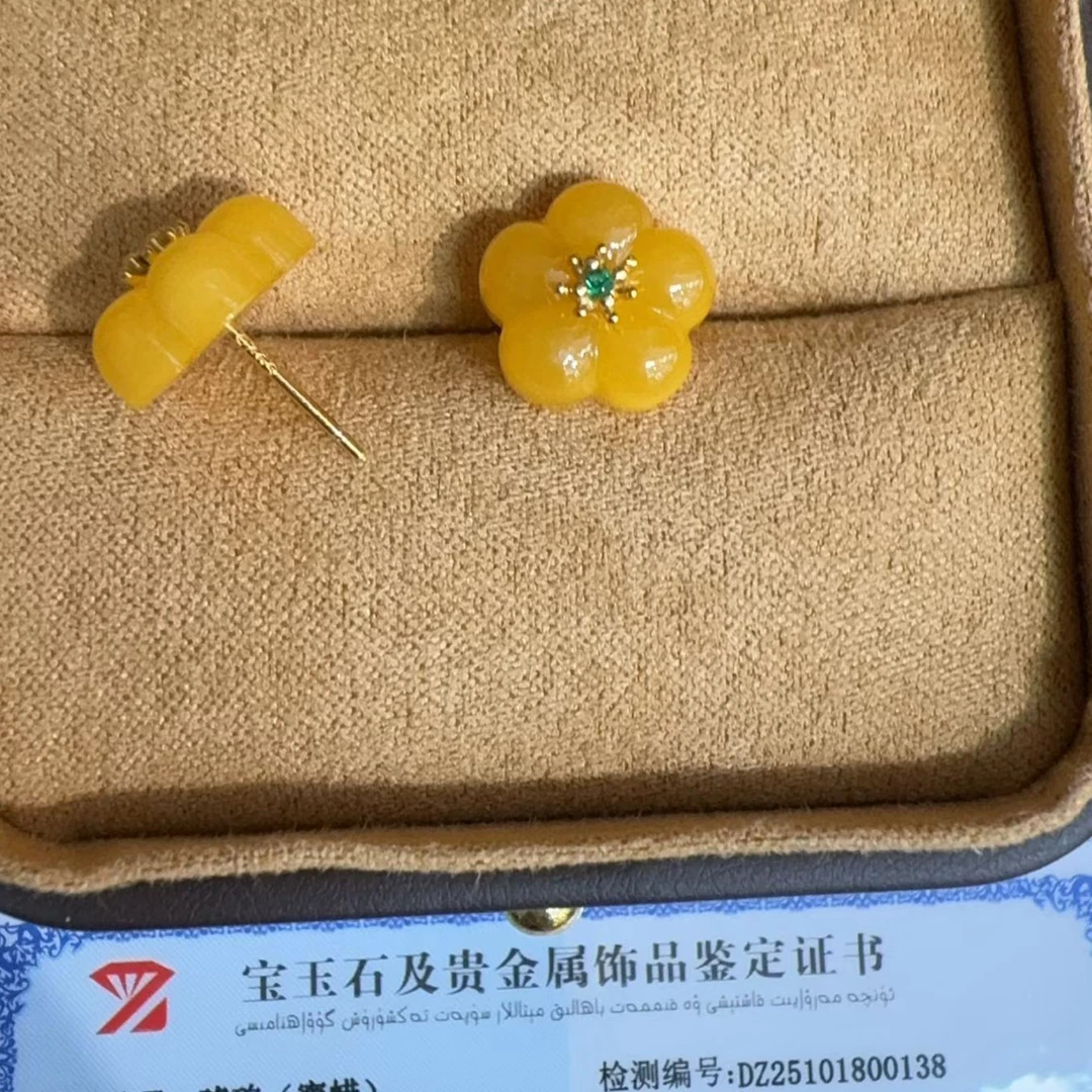 蜜蜡有钱花银镶耳钉jyly110304