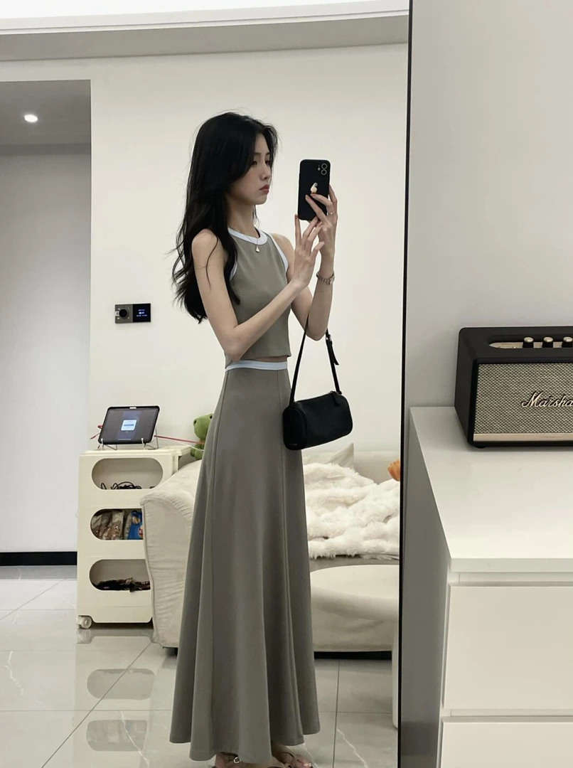 2025夏季新款韩系休闲气质圆领无袖背心上衣高腰气质半身裙两件套