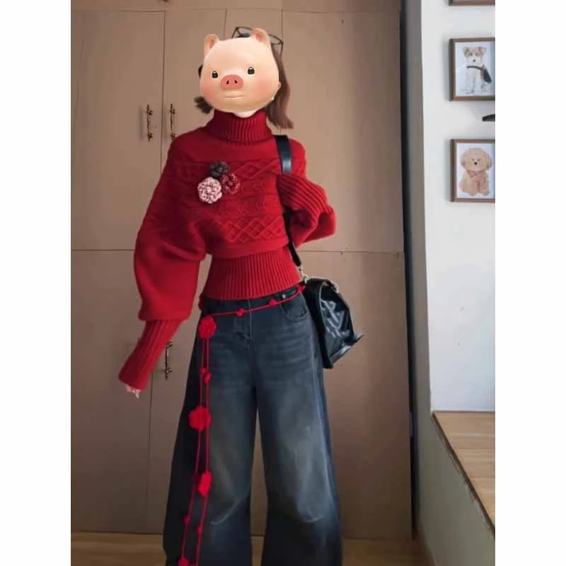 圣诞节新年红色高领套头麻花毛衣女秋冬季加厚收腰内搭针织衫上衣
