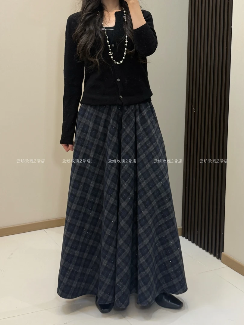 【丽】298大摆毛呢高腰格子复古百搭中长裙半身裙女2025秋冬新款