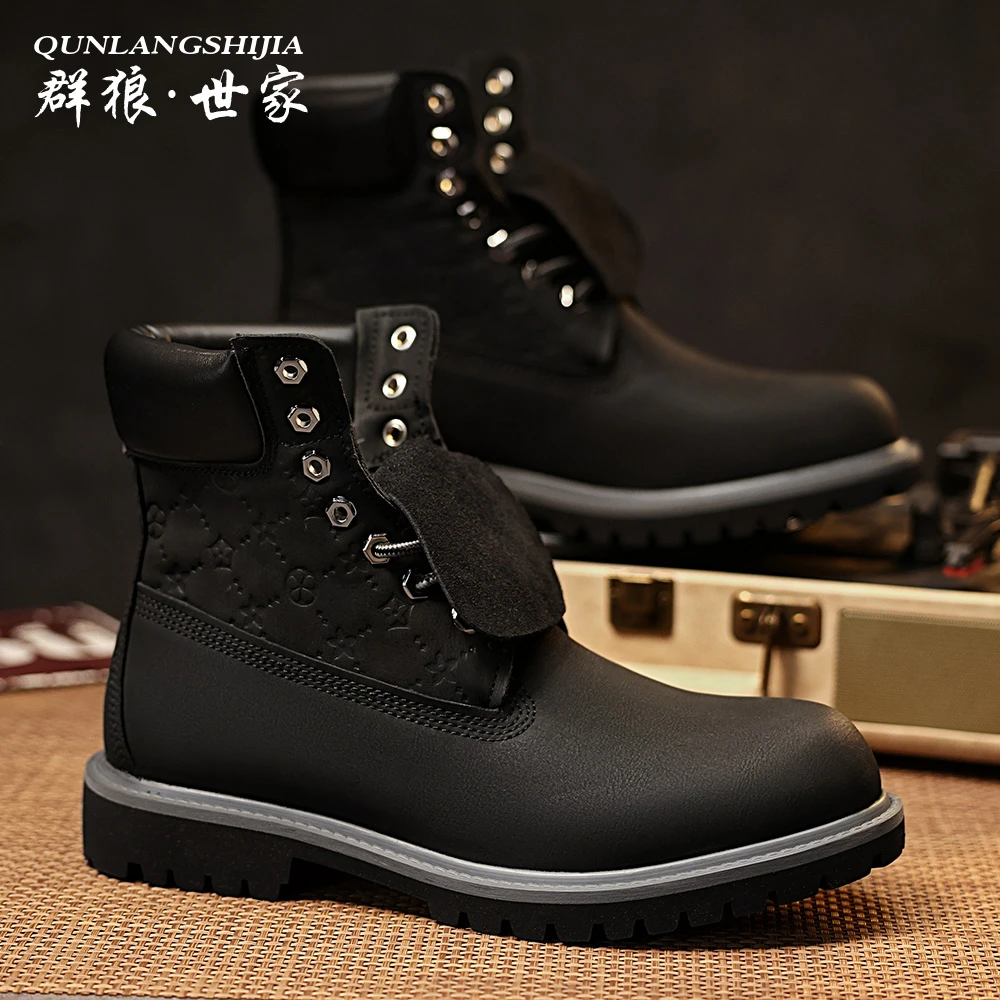 群狼·世家小黑牛男士马丁靴秋季百搭增高鞋休闲时尚真皮高帮男靴