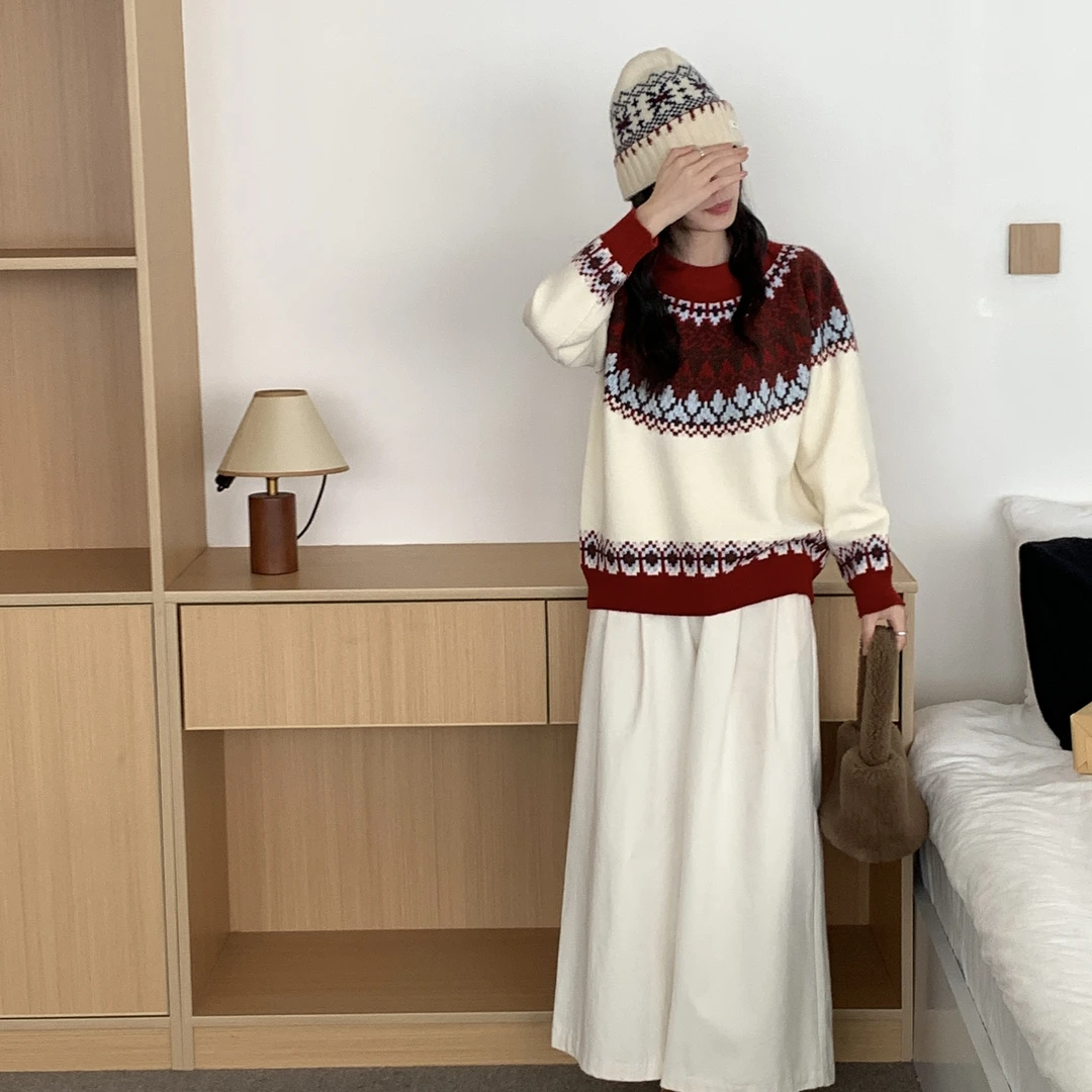 001冬季秋季圆领毛针织衫宽松减龄显瘦撞色复古毛衣百搭中长款