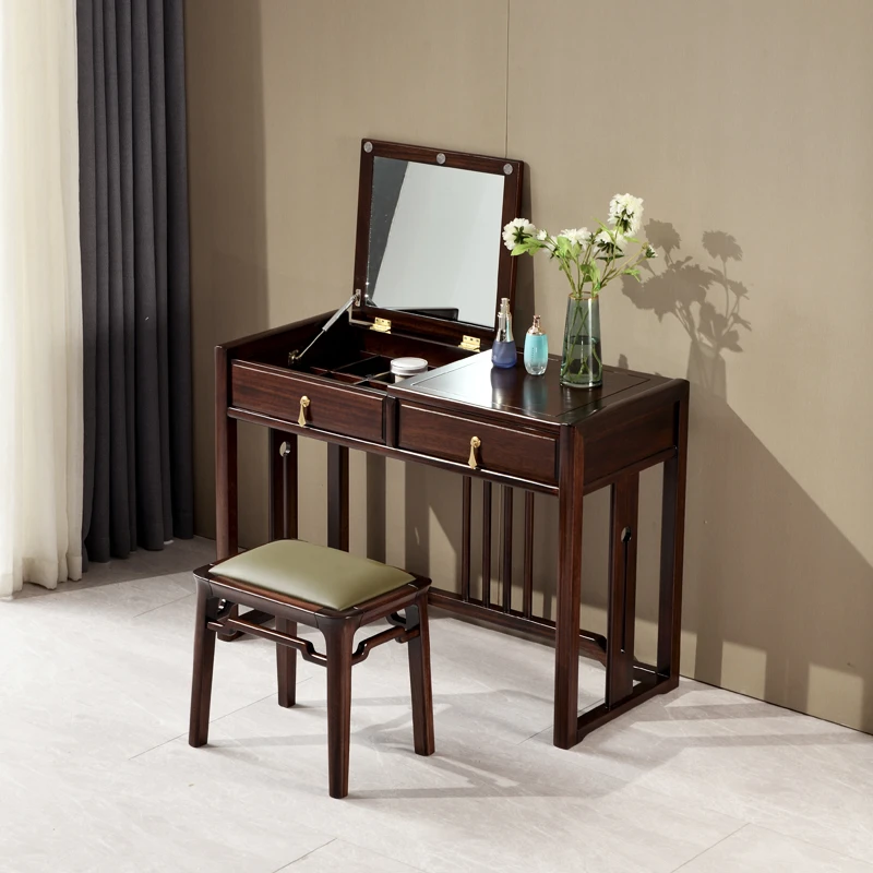 进口乌金木全实木梳妆台卧室化妆台梳妆桌皮艺妆凳新中式现代简约