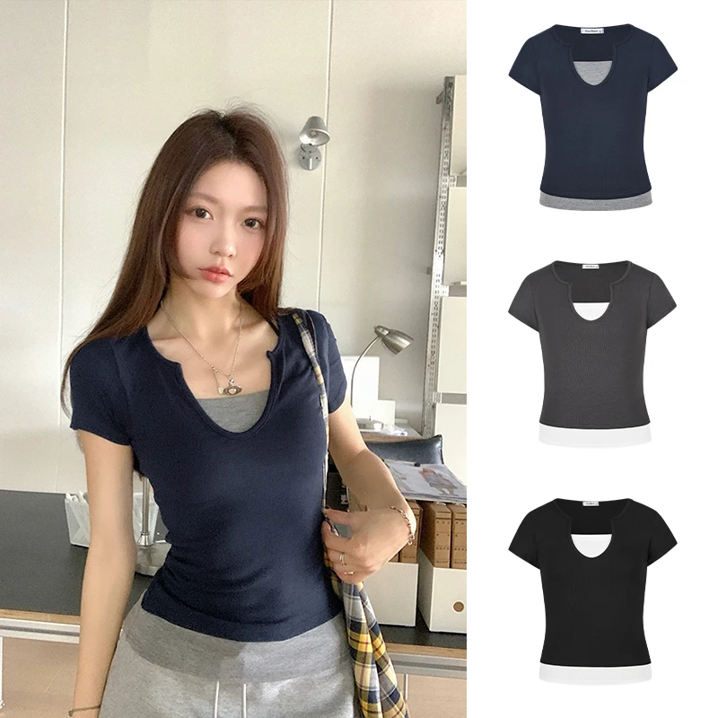 Moses Queen/魔西女王美式假两件短袖t恤修身显瘦设计感百搭上衣