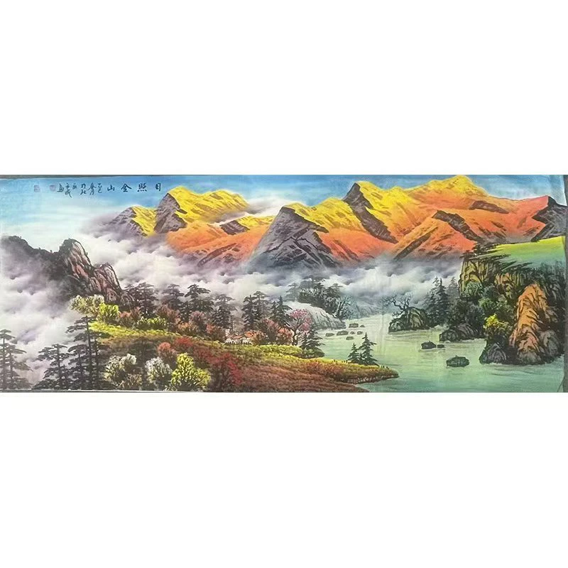 手绘国画简约沙发背景墙背靠日照金山宝地生金山水挂画品质大气