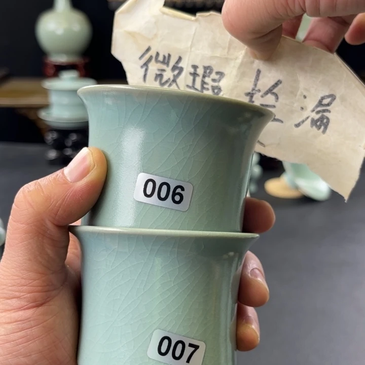 杯·****仿古釉汝官窑高足马蹄杯006007号2只