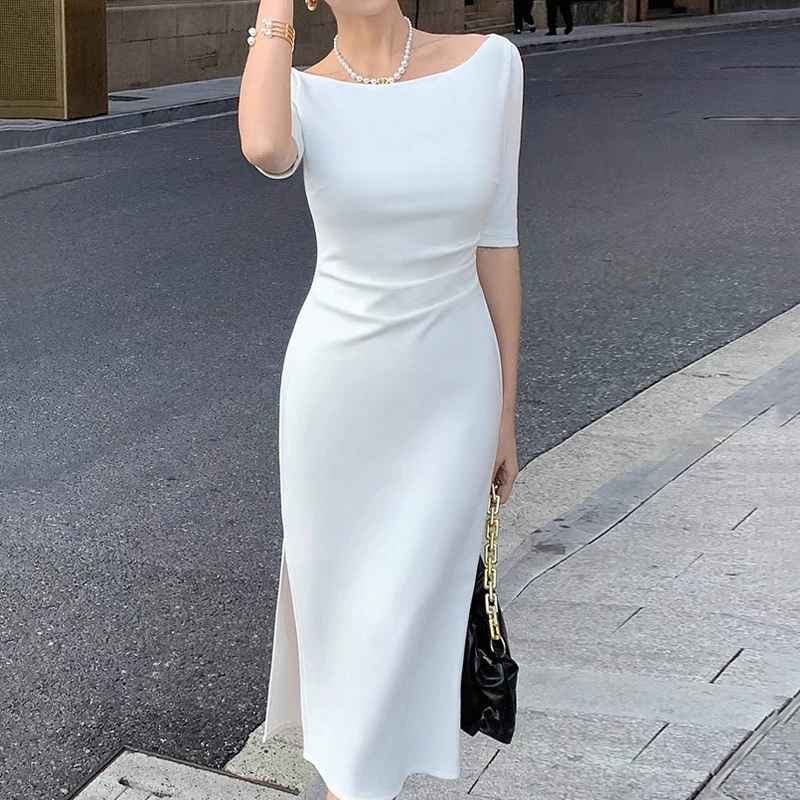 职场上班正装通勤高级感裙子夏季时尚气质包臀褶皱白色女士连衣裙