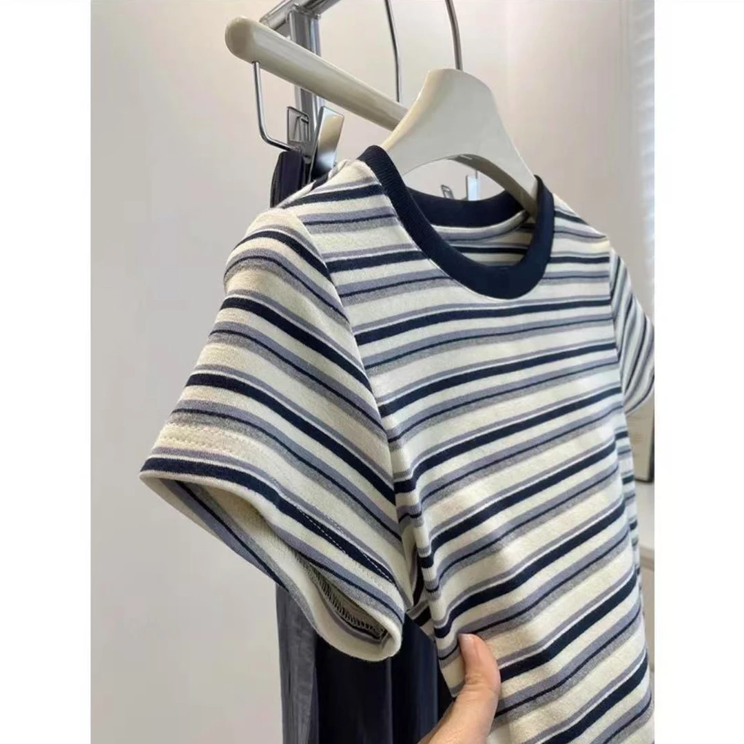 【续曲】精纱棉撞色条纹显瘦短袖T正肩2025年夏新款