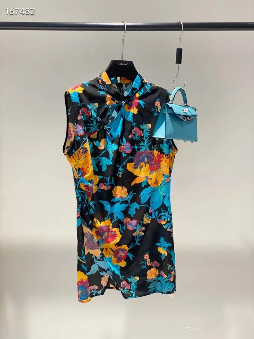 【2炫兰传奇2】唐装旗袍裙中国风石榴花上衣蓝色旗袍上衣衬衫