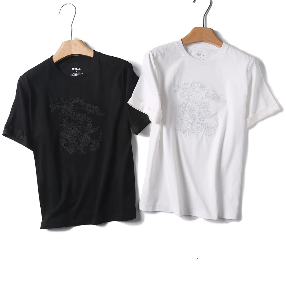特！新中式！万针德机刺绣龙纹！不透的白T恤H0026 V236