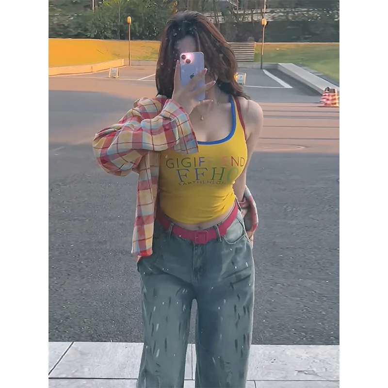大码胖MM外穿黄色吊带背心女夏季新款美式辣妹修身显瘦多巴胺上衣