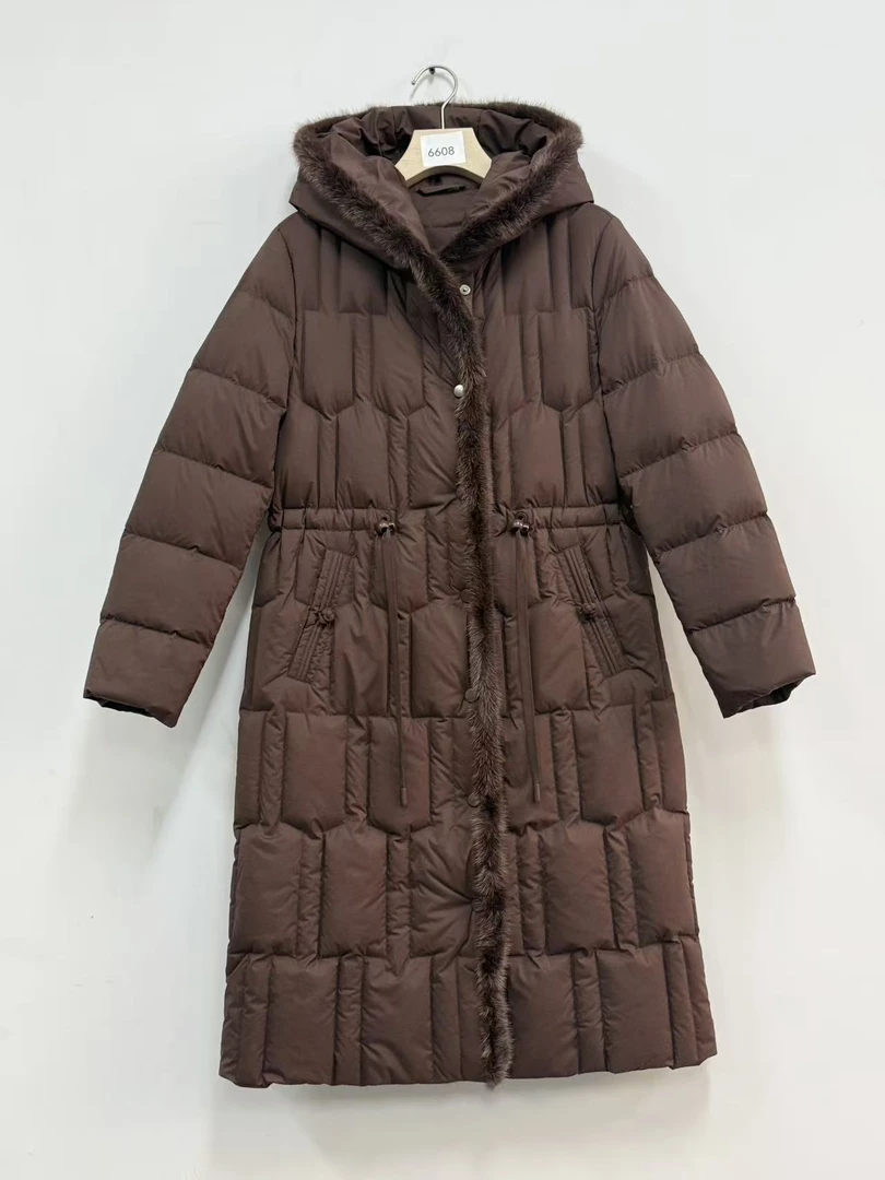 【设计师沈兰】6608女长款貂毛时尚休闲百搭女士连帽保暖外套