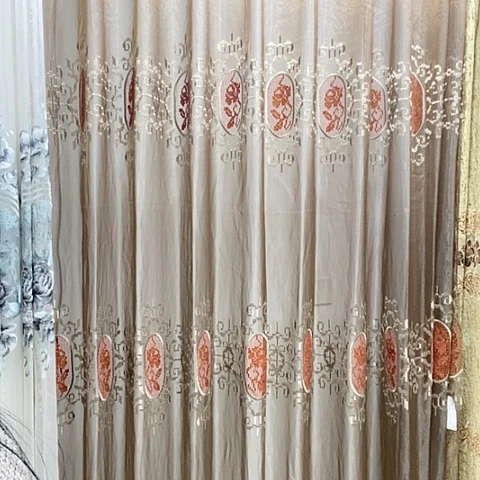 深咖色重工刺绣纱帘4.9对开2.8高挂钩款
