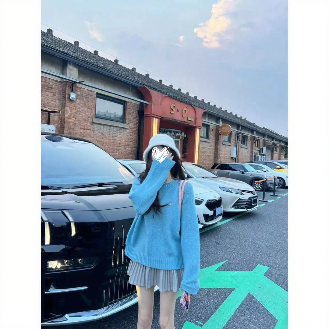 韩系慵懒显瘦小标圆领设计宽松套头毛衣