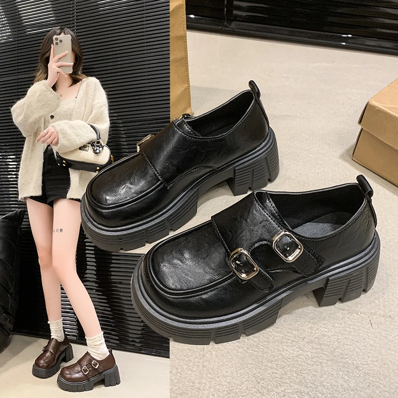 厚底美拉德乐福鞋女2025春秋季方扣黑色小皮鞋时尚百搭学院风女鞋