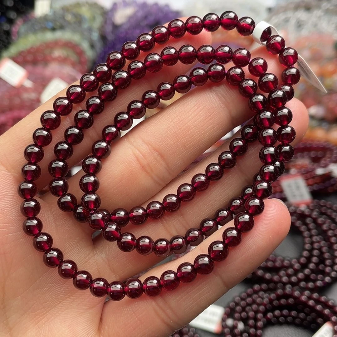 石榴石手链未镶嵌5毫米三圈酒红石榴石