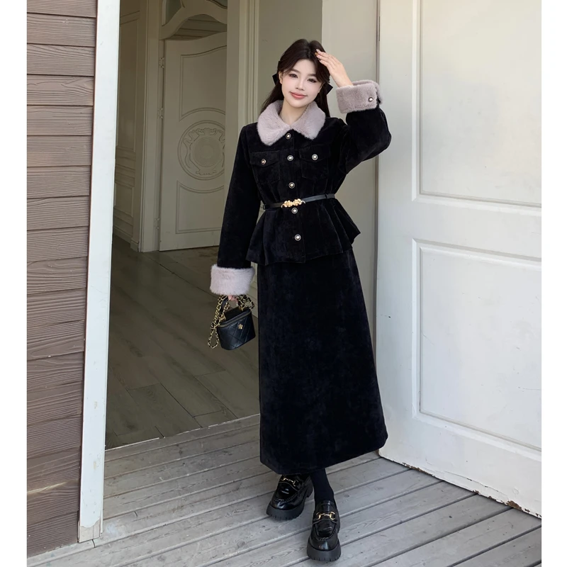 大码显瘦高级感毛领外套腰带半身裙女秋冬2025新款两件套夹棉套装