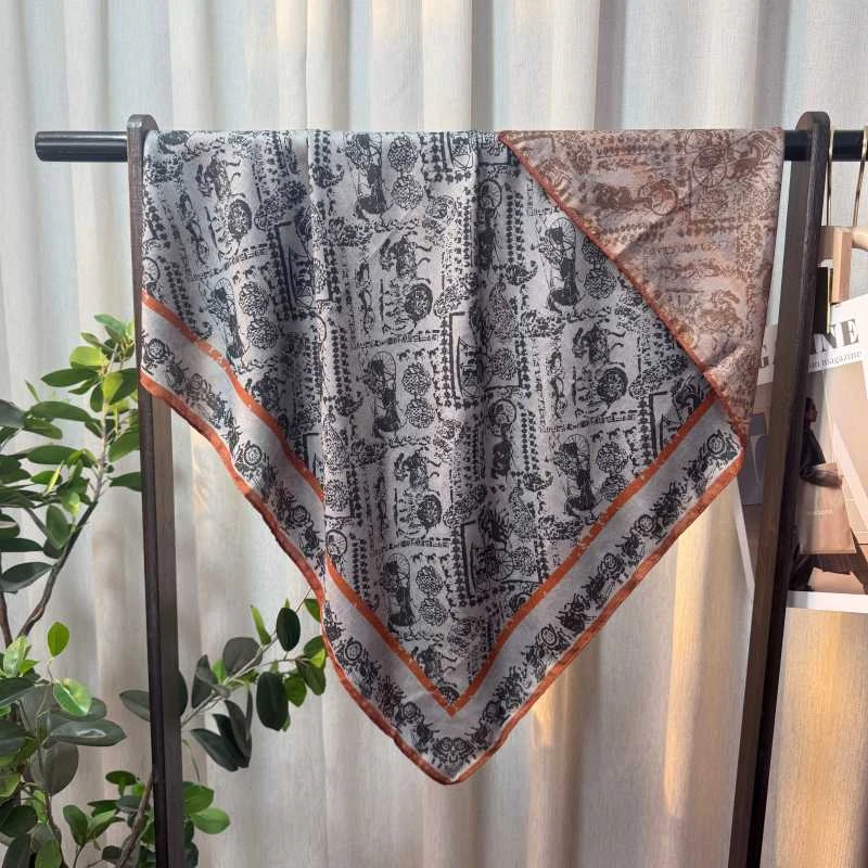 【灰棕马车90*90】双面丝绒棉90方巾披肩百搭柔软舒适