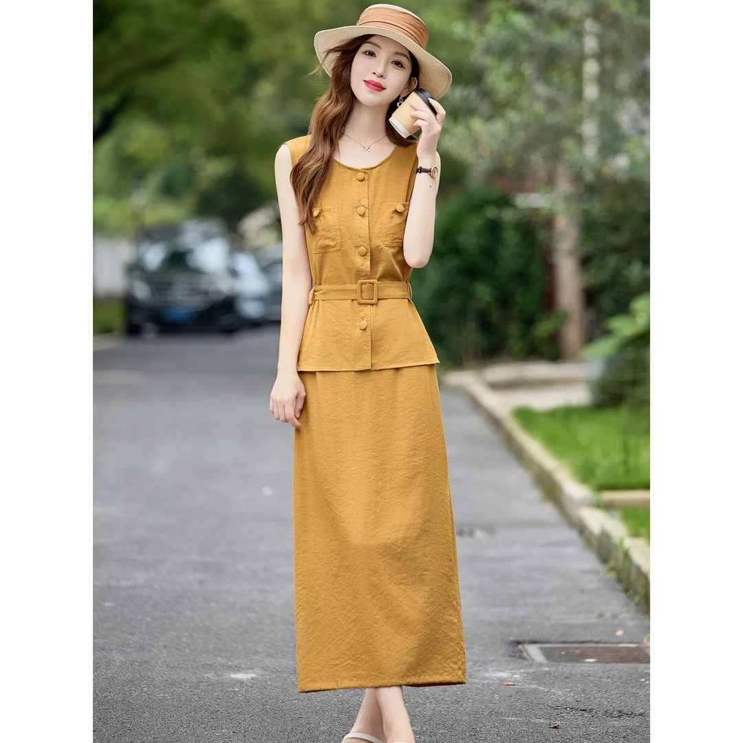 无印心匠D081 时尚套装裙子夏季收腰洋气上衣无袖小个子显瘦K1852