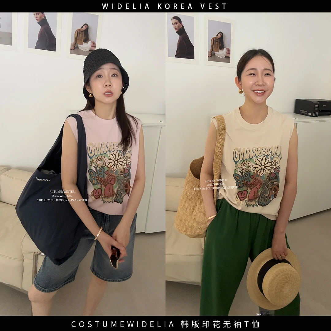 widelia夏季7296复古多巴胺趣味印花情侣背心美式运动无袖背心T恤