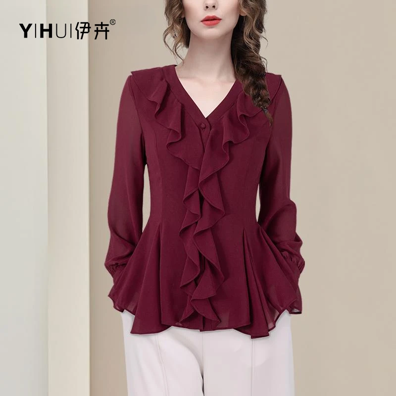 YIHUI伊卉春装垂感荷叶边雪纺衫上衣女V领收腰打底衫女SA255365