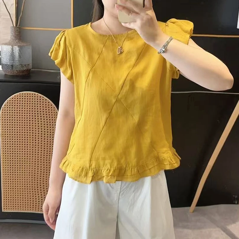 时尚气质设计感下摆荷叶边衬衫女2025夏季新款宽松显瘦圆领短袖潮