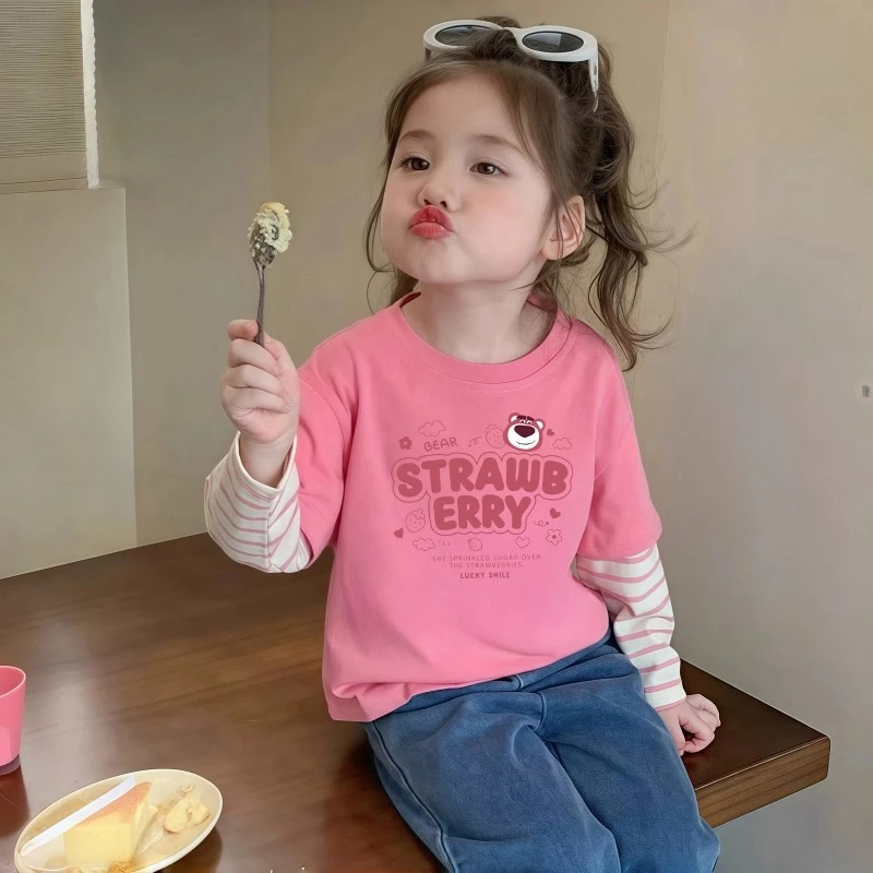 女童纯棉长袖T恤2025春秋新款儿童洋气可爱草莓熊印花拼接上衣服