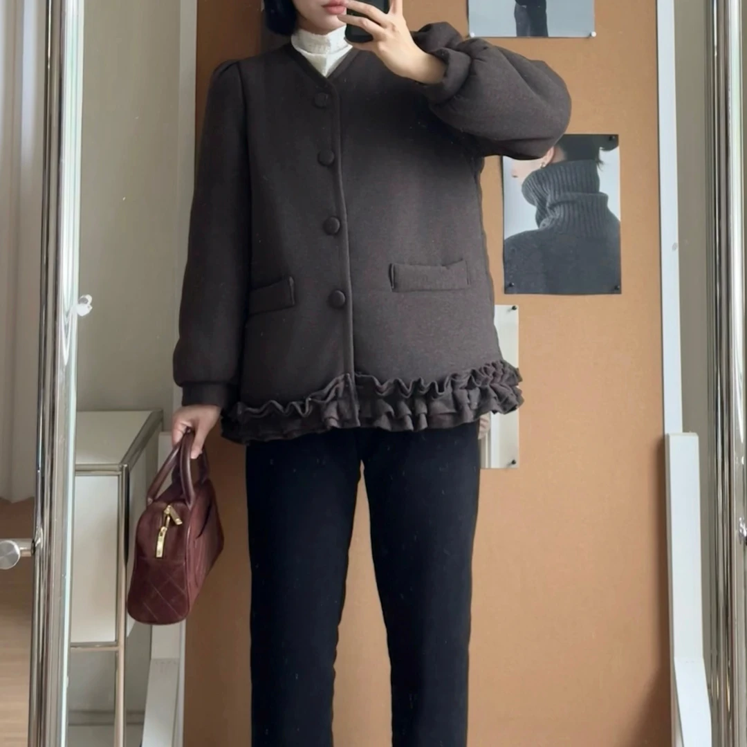 2025秋冬新款三层加绒加厚荷叶边下摆温柔风宽松显瘦家居服