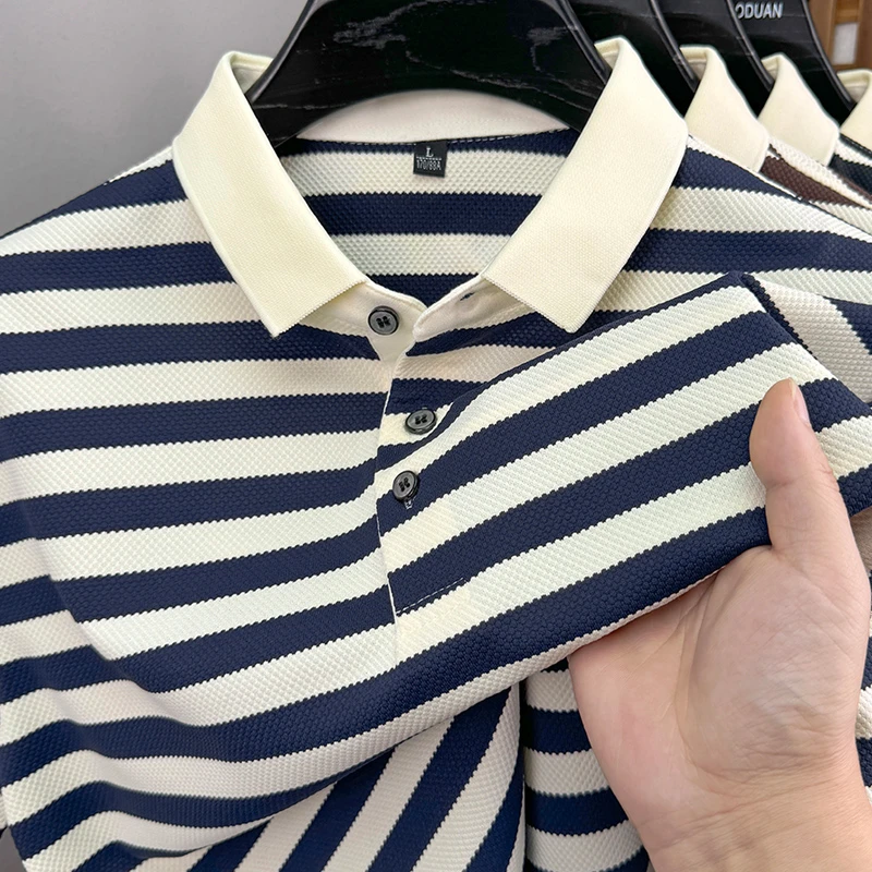 夏季高端POLO衫新款宽松休闲男士短袖T恤条纹百搭免烫透气上衣潮