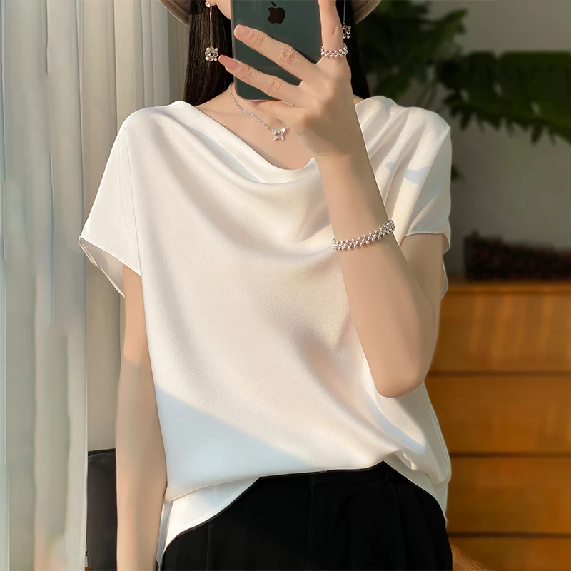 重磅热卖-丝滑缎面荡领设计师款短袖宽松气质夏季百搭纯色打底