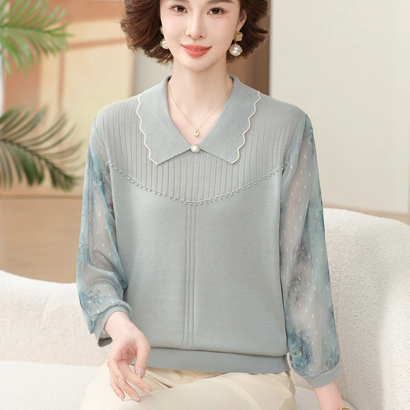 妈妈装春夏季新款洋气翻领纱袖上衣中老年女装薄款打底衫针织T恤