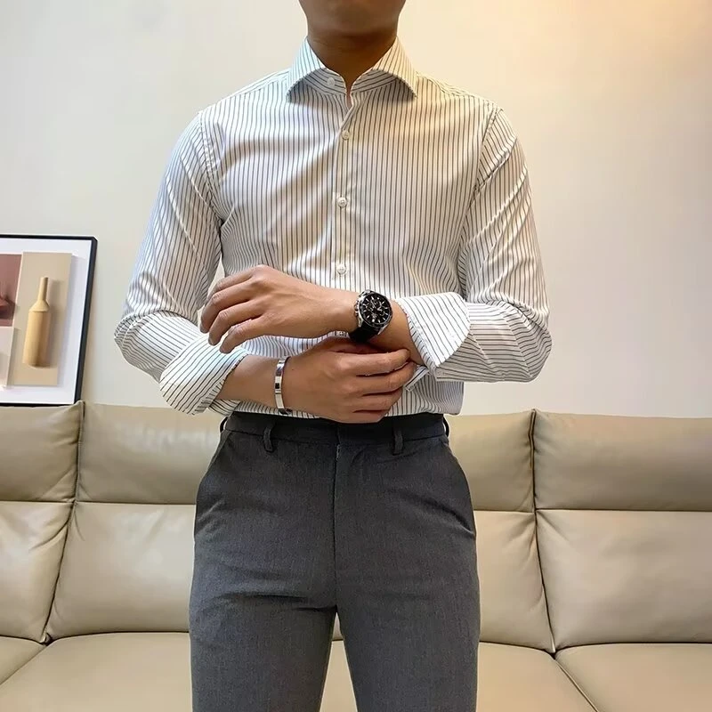 长袖衬衫男士2025春秋新款商务免烫条纹衬衣男竖条寸衫